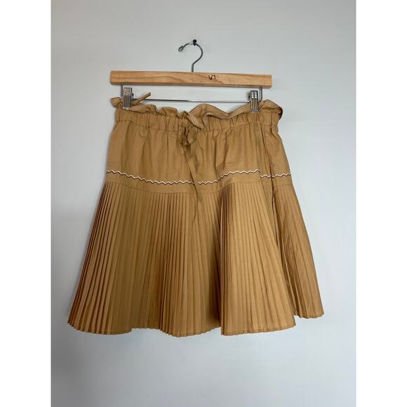 NEW Ulla Johnson Erika Pleated Drawstring Waist Cotton Mini Skirt Brown Size: 4